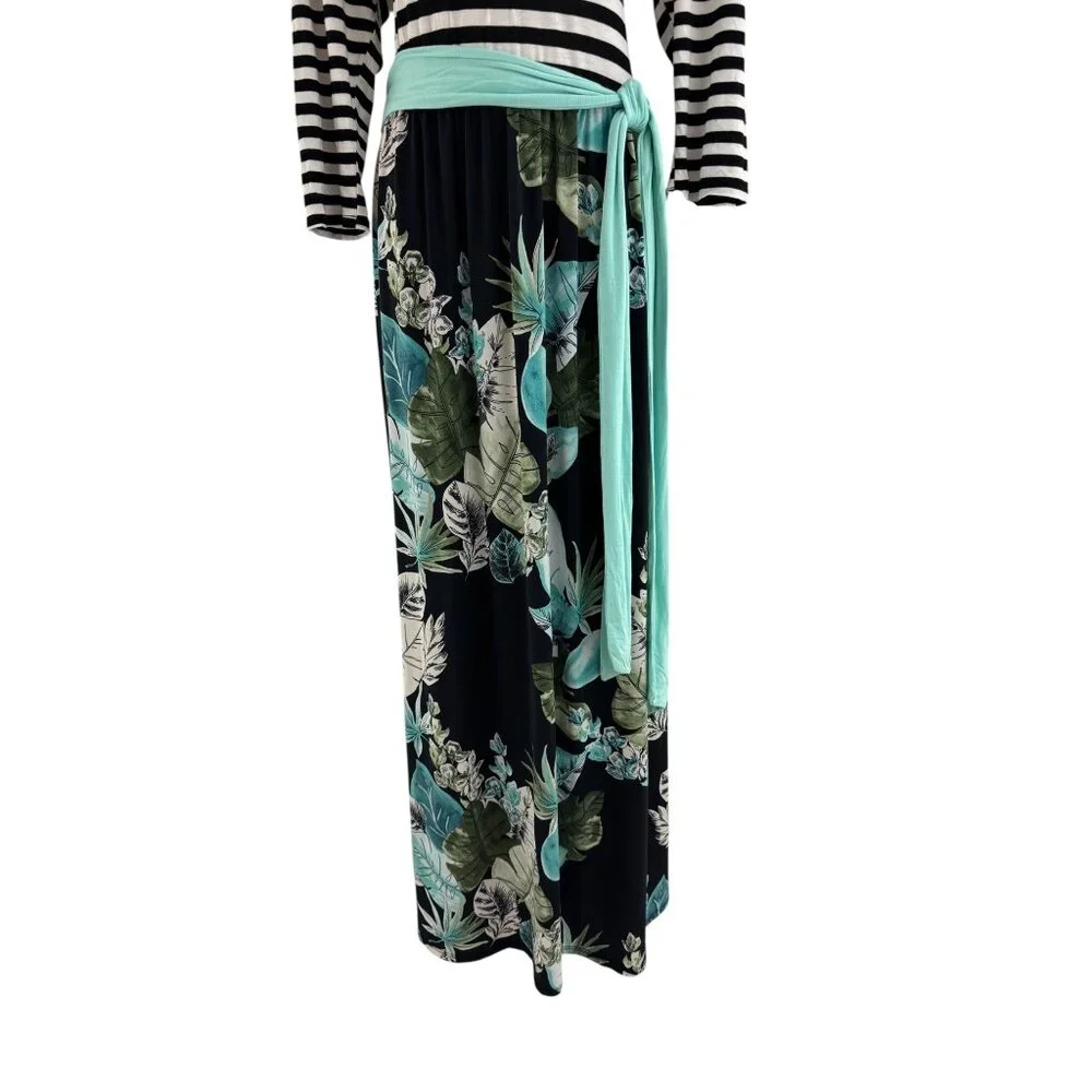 Striped Top Palm Print Maxi Dress w/Attached Sash Tie Size 3XL Tropical Plus Sz - Picture 3 of 6